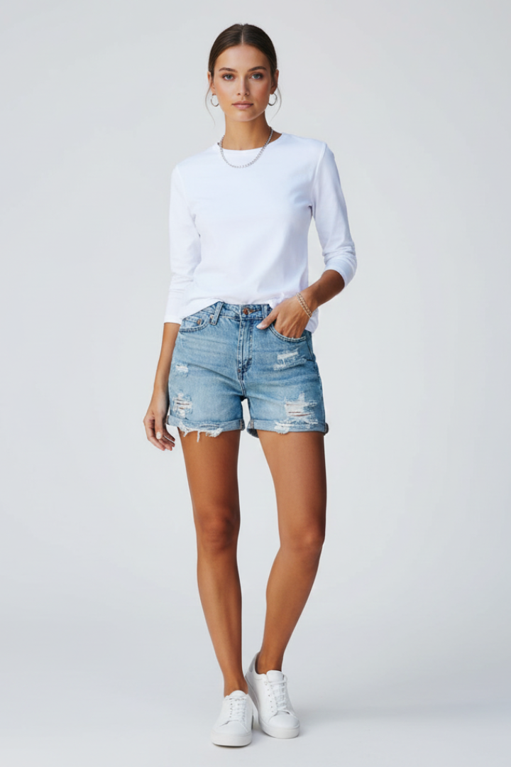 Sadie | Women's Mid-Rise Distressed Frayed Hem Denim Shorts