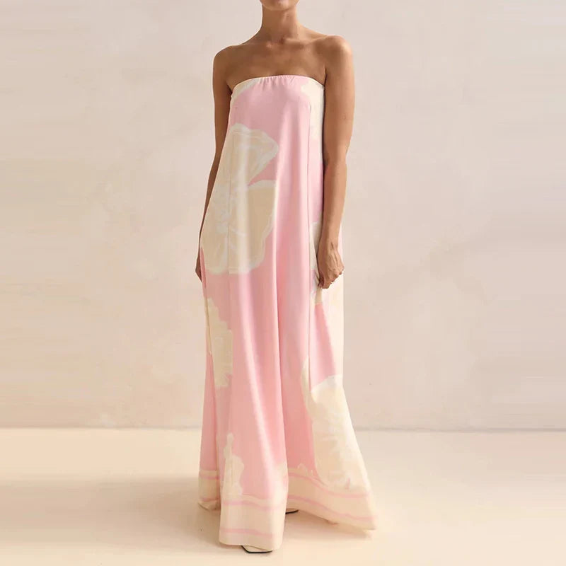 Liorah | Abstract Print Strapless Flowy Maxi Dress