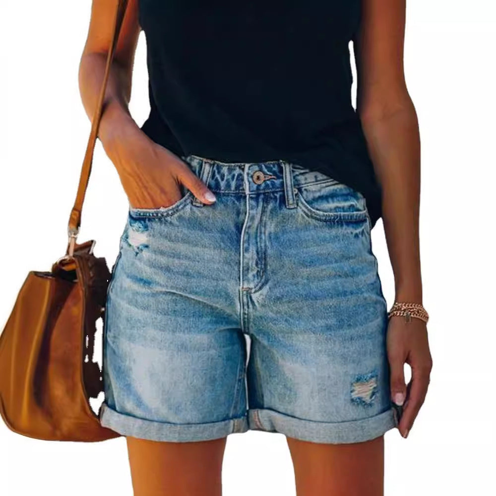 Saffron | Women's High Waist Ripped Cuffed Denim Shorts