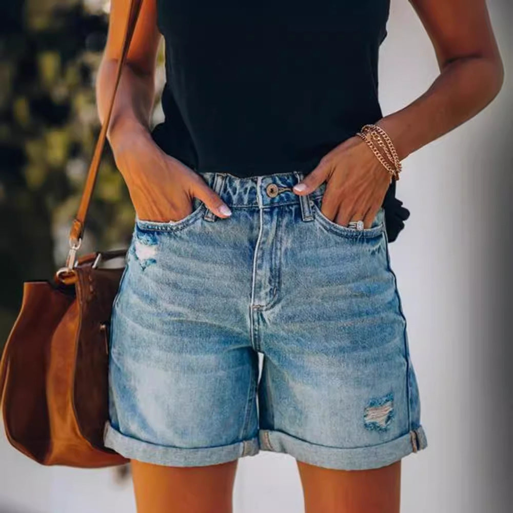 Saffron | Women's High Waist Ripped Cuffed Denim Shorts