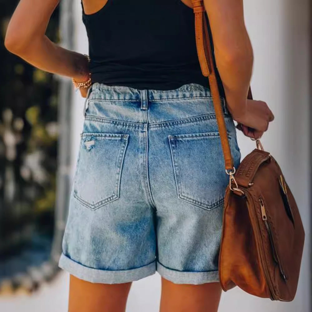 Saffron | Women's High Waist Ripped Cuffed Denim Shorts