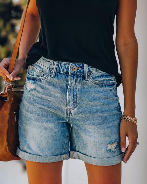 Saffron | Women's High Waist Ripped Cuffed Denim Shorts