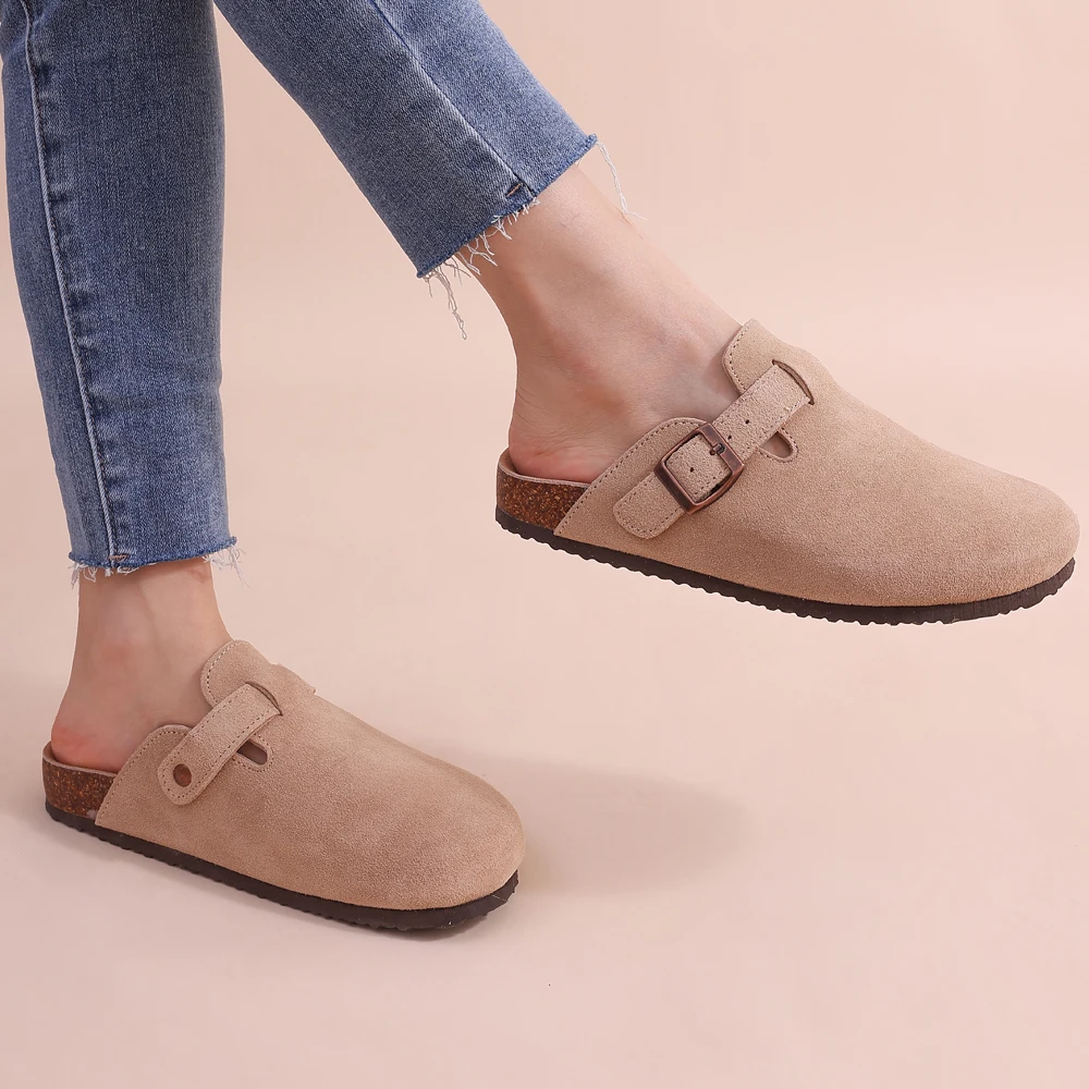 Colette | Women's Suede Buckle Strap Cork Sole Slip On Clogs