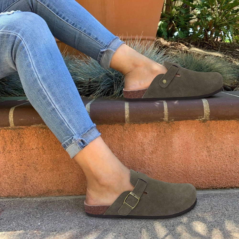 Colette | Women's Suede Buckle Strap Cork Sole Slip On Clogs