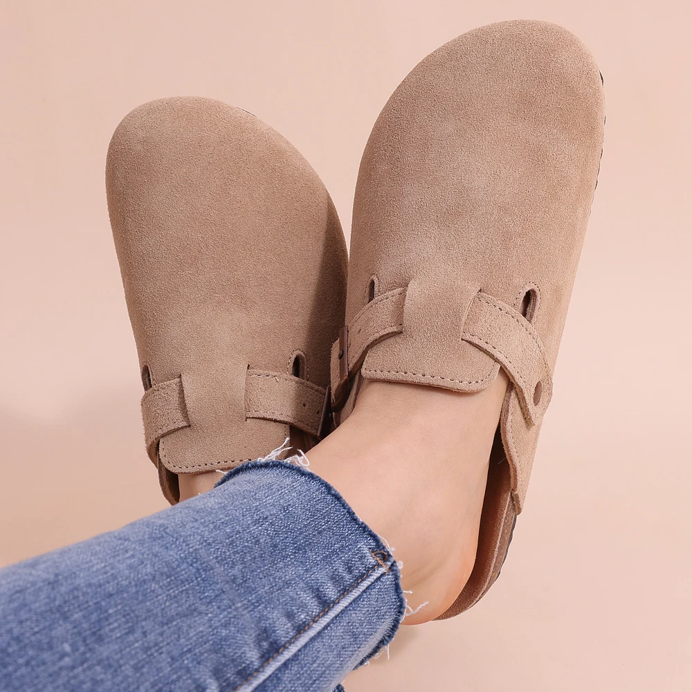 Colette | Women's Suede Buckle Strap Cork Sole Slip On Clogs