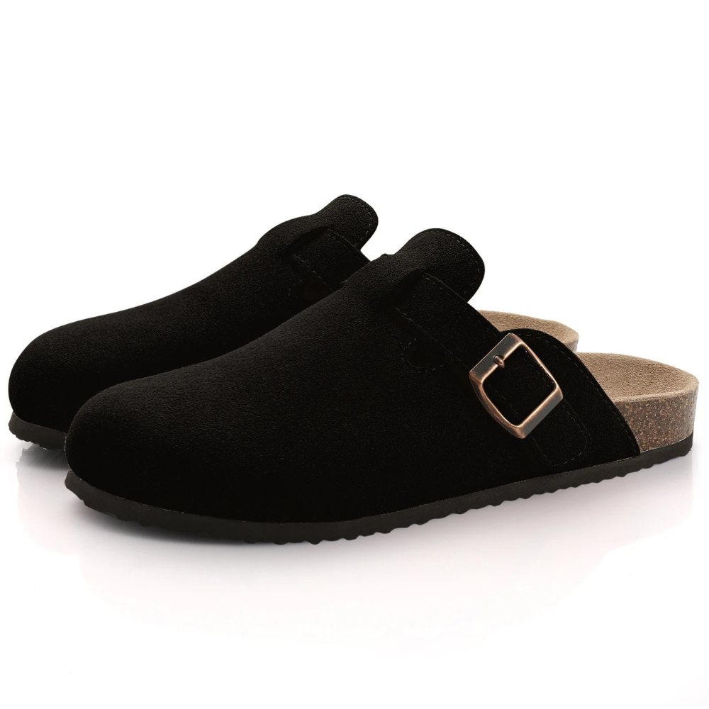 Colette | Women's Suede Buckle Strap Cork Sole Slip On Clogs