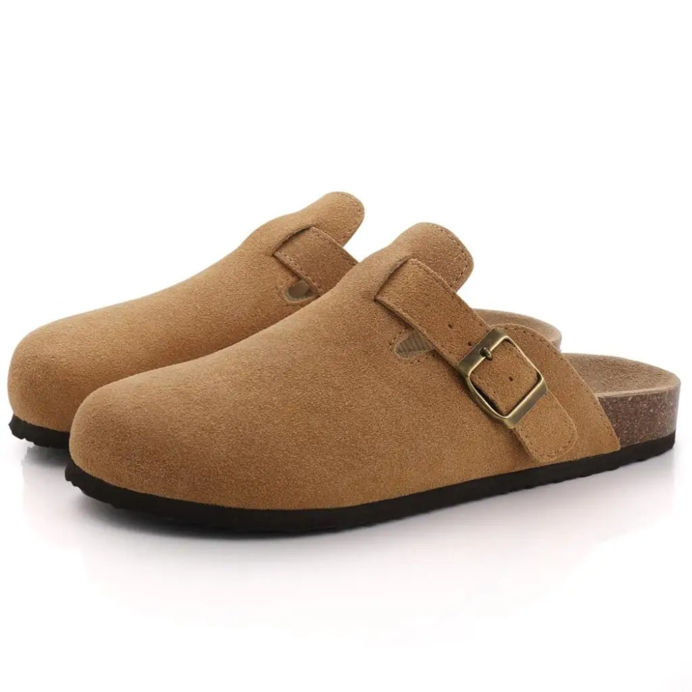 Colette | Women's Suede Buckle Strap Cork Sole Slip On Clogs