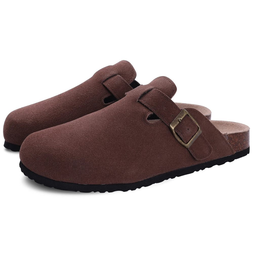 Colette | Women's Suede Buckle Strap Cork Sole Slip On Clogs