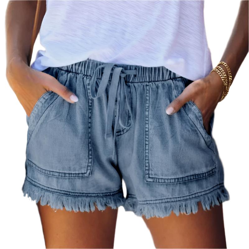 Sarielle | Women's Drawstring Frayed Hem Denim Shorts