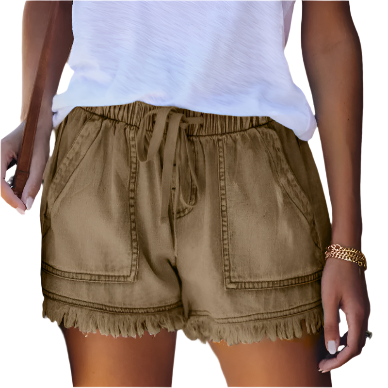 Sarielle | Women's Drawstring Frayed Hem Denim Shorts