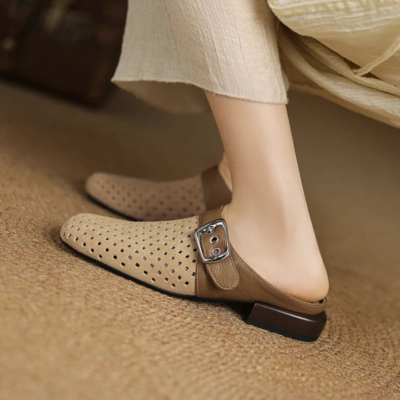 Celine | Women's Perforated Suede Buckle Block Heel Mules