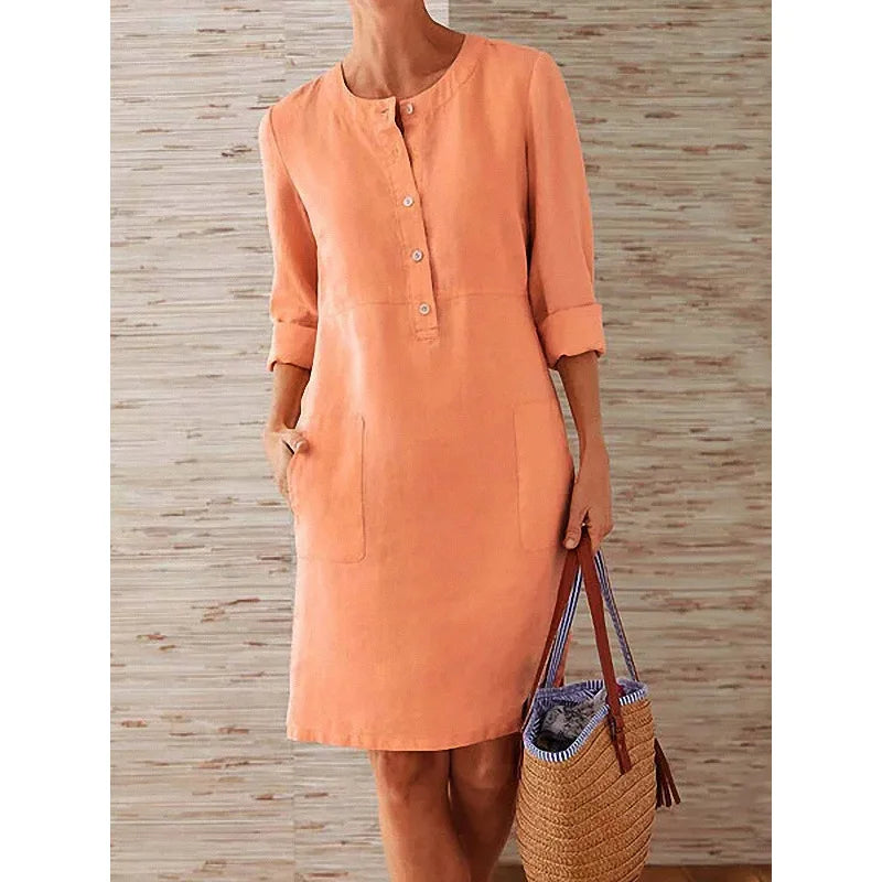 Maelis | Linen Button Front Long Sleeve Pocket Mini Dress