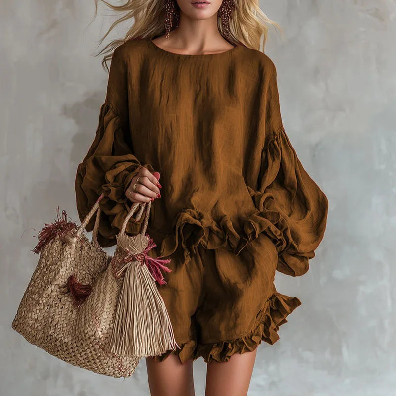 Thalina | Linen Balloon Sleeve Ruffle Hem Mini Dress