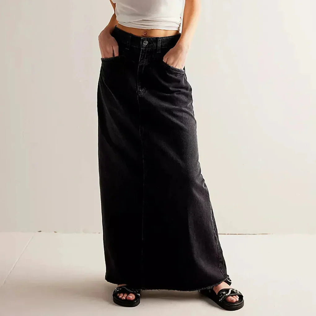 Harlow | High-Waist Frayed Hem Denim Maxi Skirt