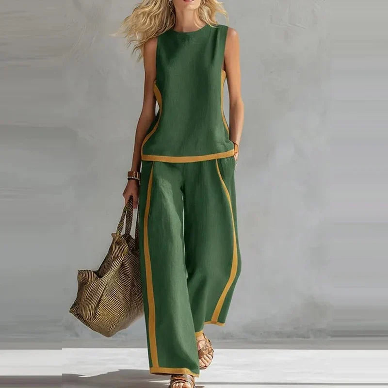Solene | Contrast Trim Sleeveless Top Wide Leg Pants Set