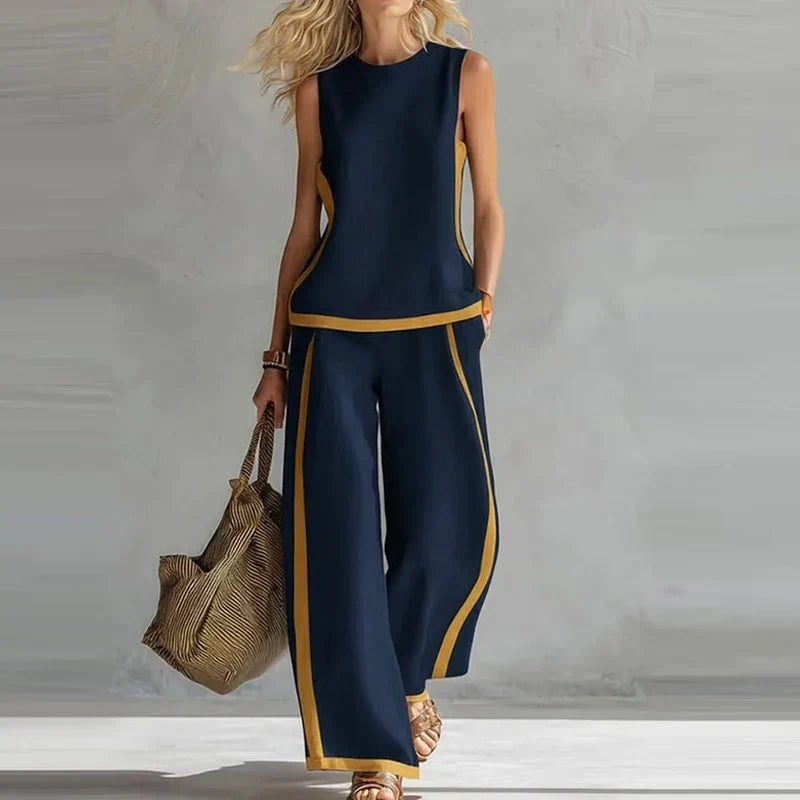 Solene | Contrast Trim Sleeveless Top Wide Leg Pants Set