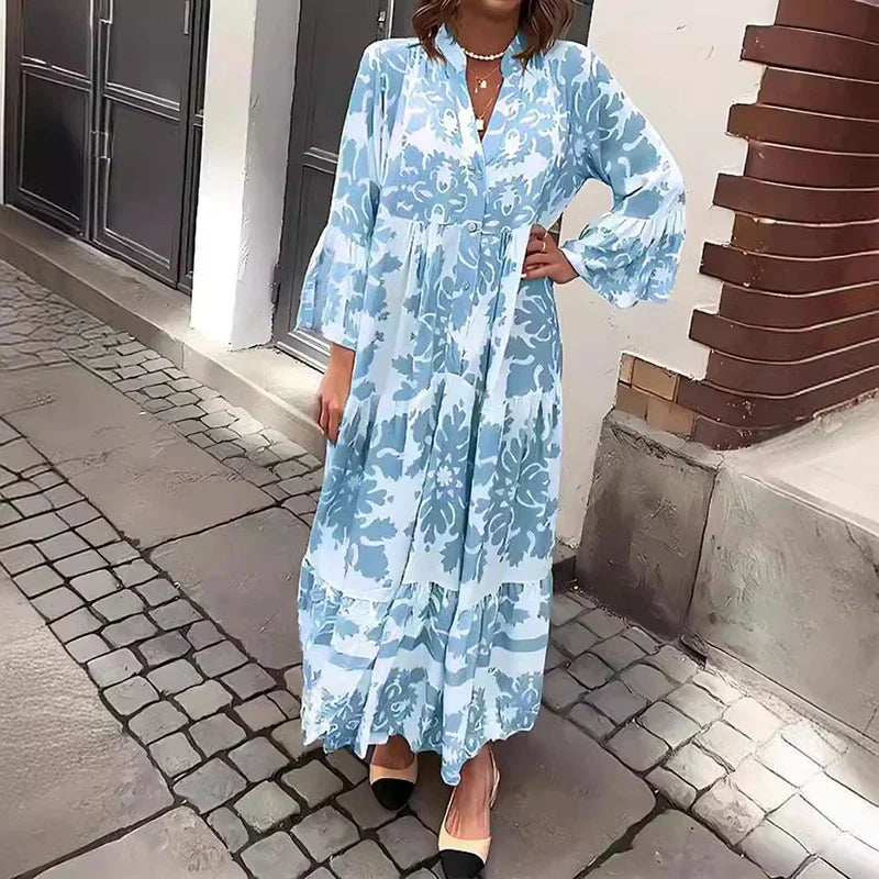 Avira | Boho Floral Print Button-Down Tiered Maxi Dress