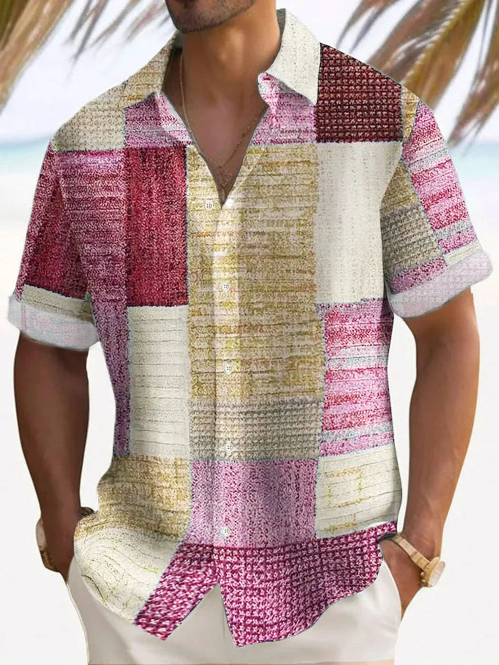 Joshua | Men's Color Block Patchwork Short Sleeve Button Up Shirt