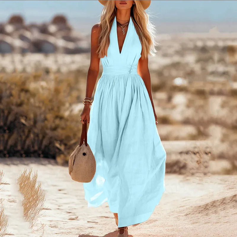 Selene | Halter Deep V Neck Pleated Backless Maxi Dress