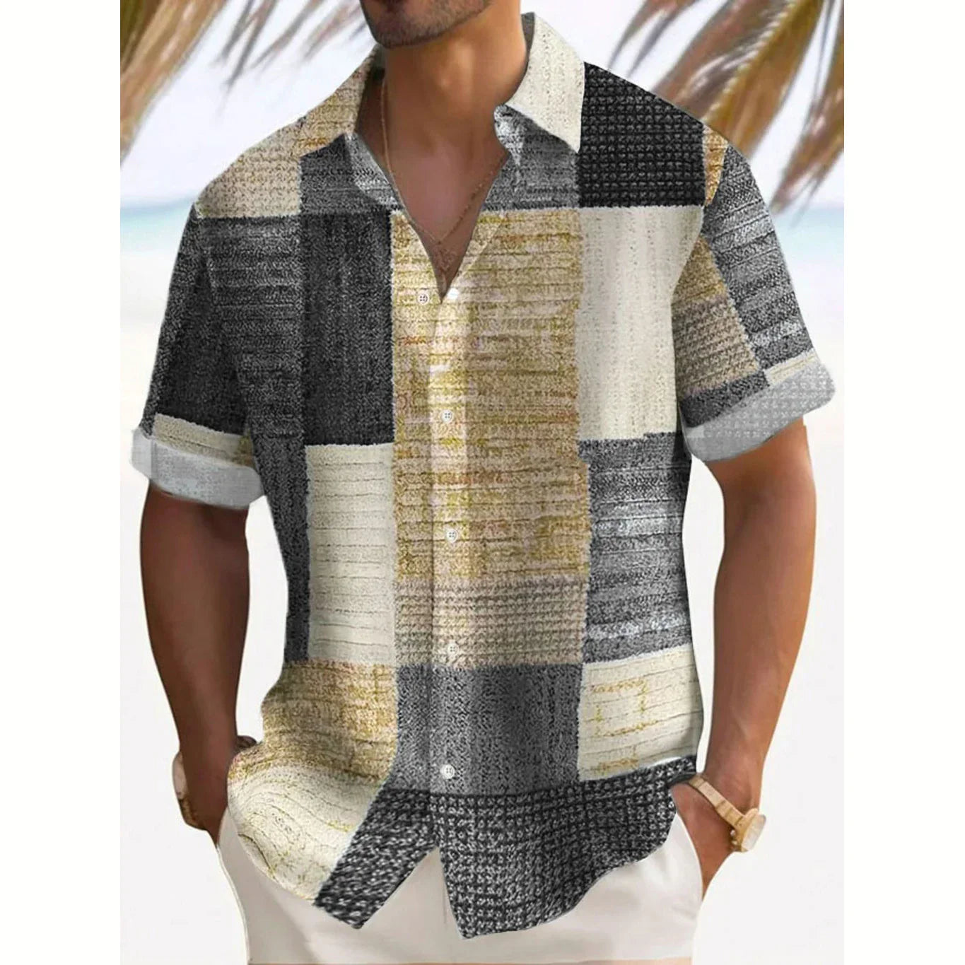Joshua | Men's Color Block Patchwork Short Sleeve Button Up Shirt