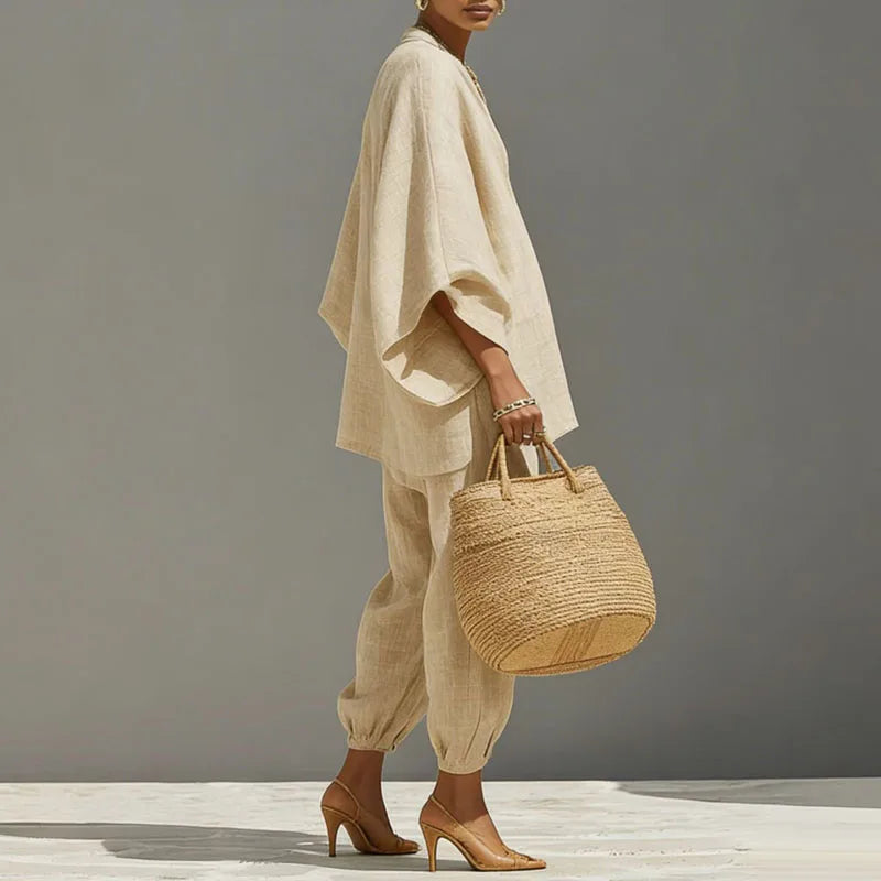 Cordella | Relaxed Linen V Neck Batwing Sleeve Two-Piece Set