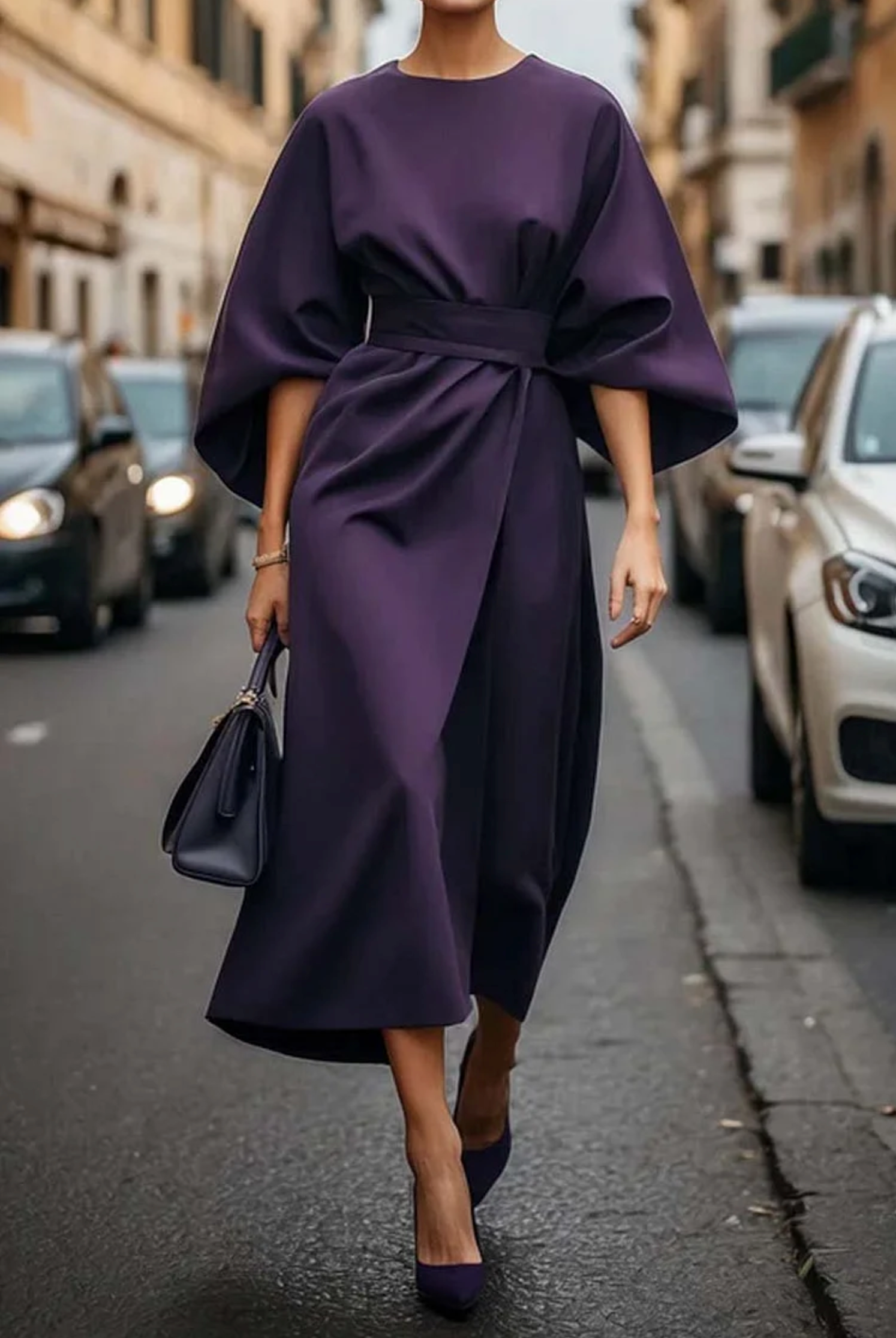 Presley | Elegant Batwing Sleeve Belted Wrap Midi Dress