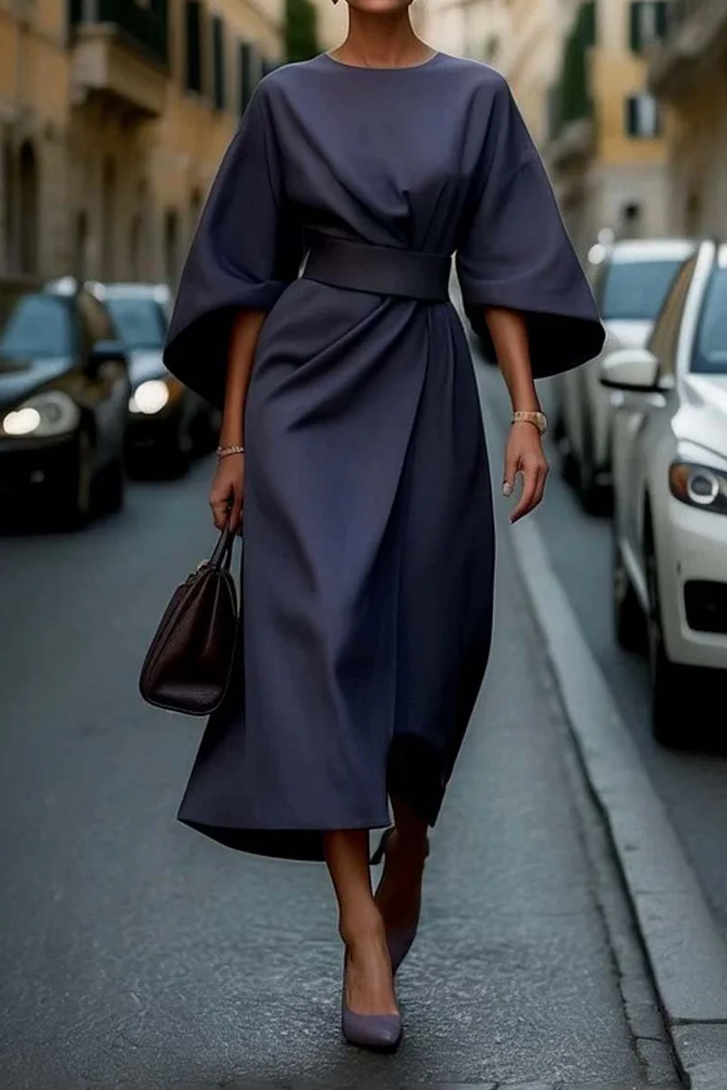 Presley | Elegant Batwing Sleeve Belted Wrap Midi Dress
