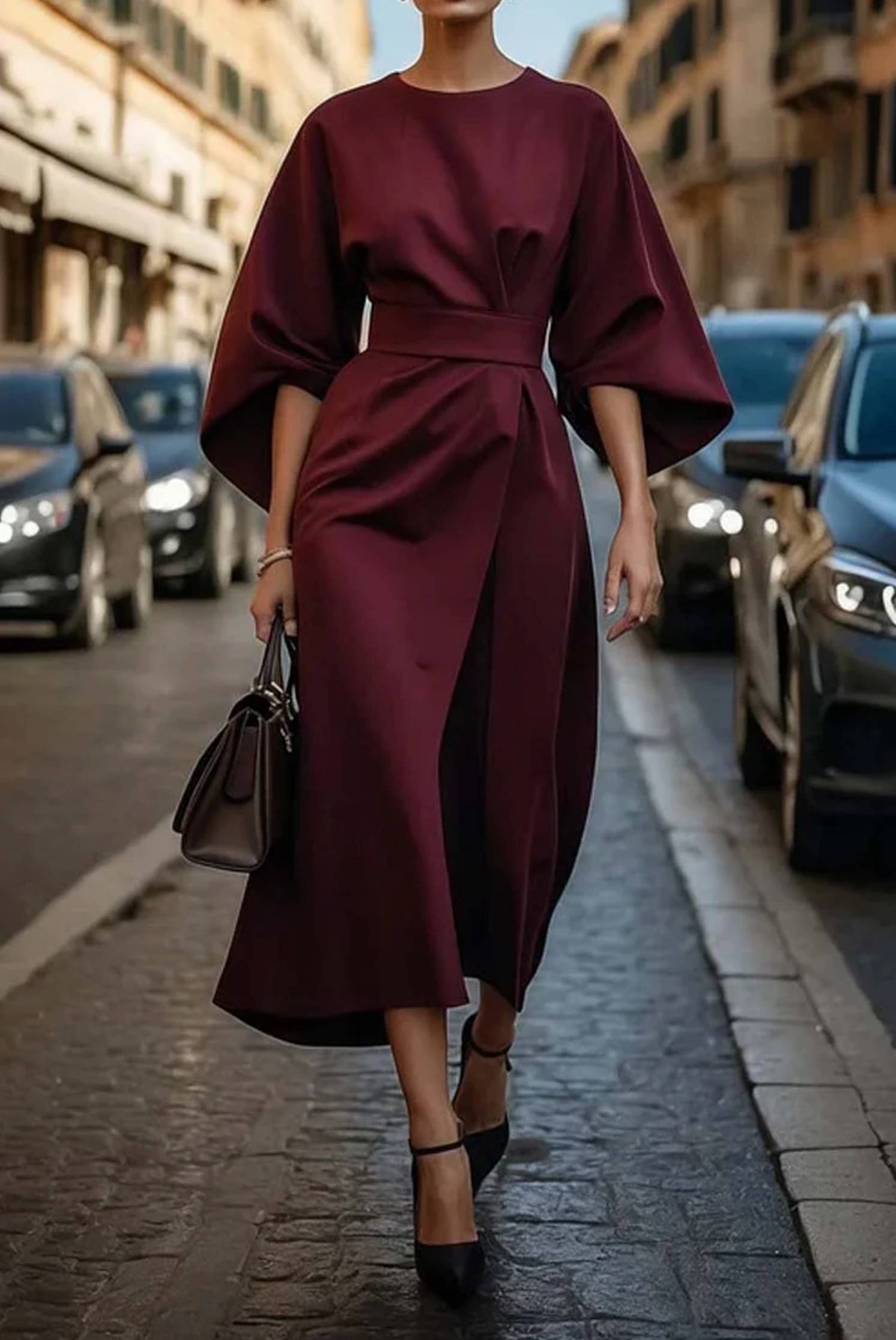Presley | Elegant Batwing Sleeve Belted Wrap Midi Dress