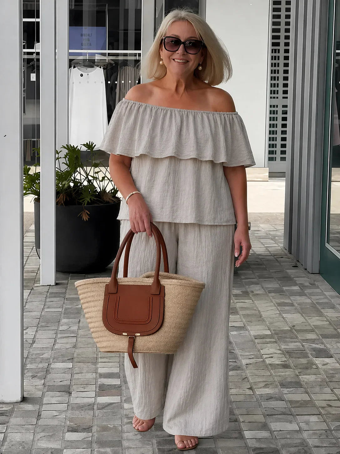Alessia | Off Shoulder Ruffle Top Wide Leg Pants Two-Piece Set