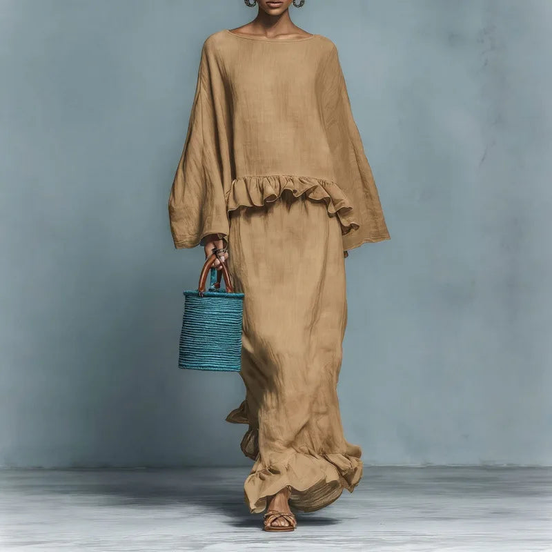 Azaria | Linen Ruffle Hem Long Sleeve Top Maxi Skirt Set