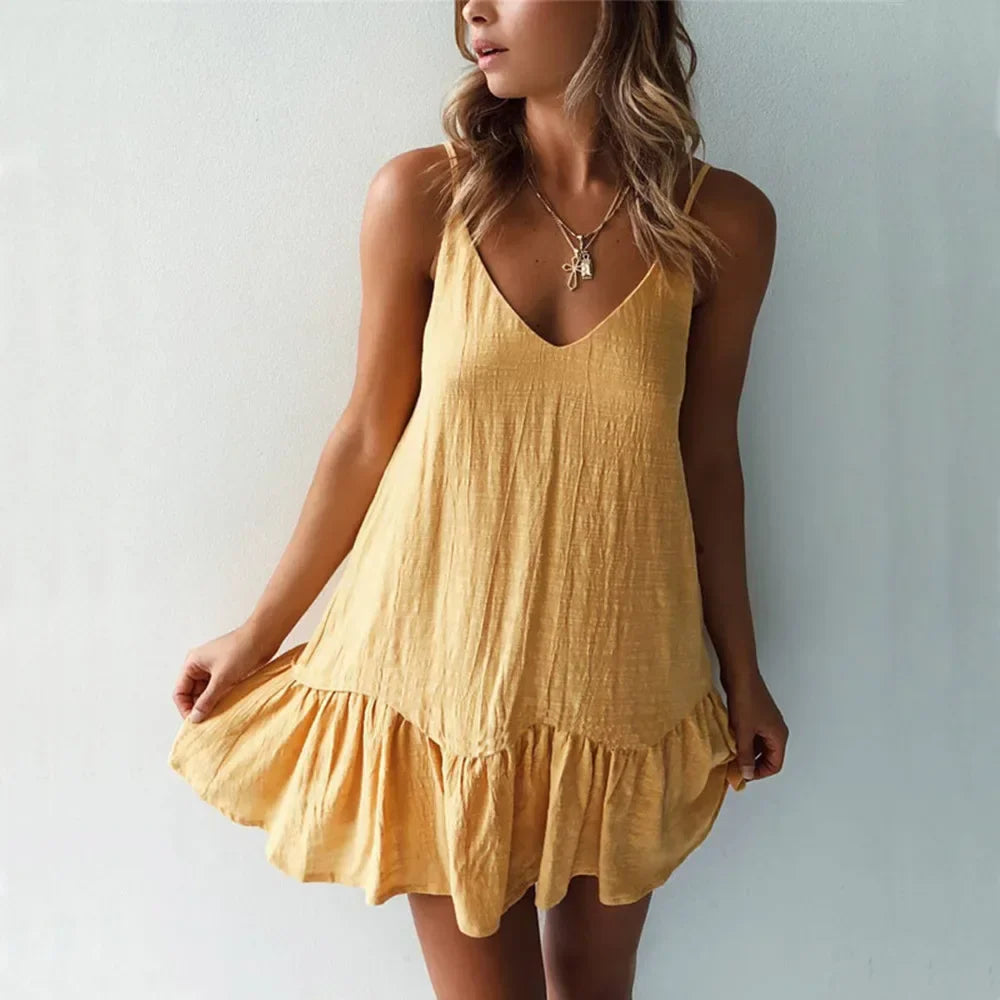 Riyana | Linen V Neck Spaghetti Strap Ruffle Hem Mini Dress