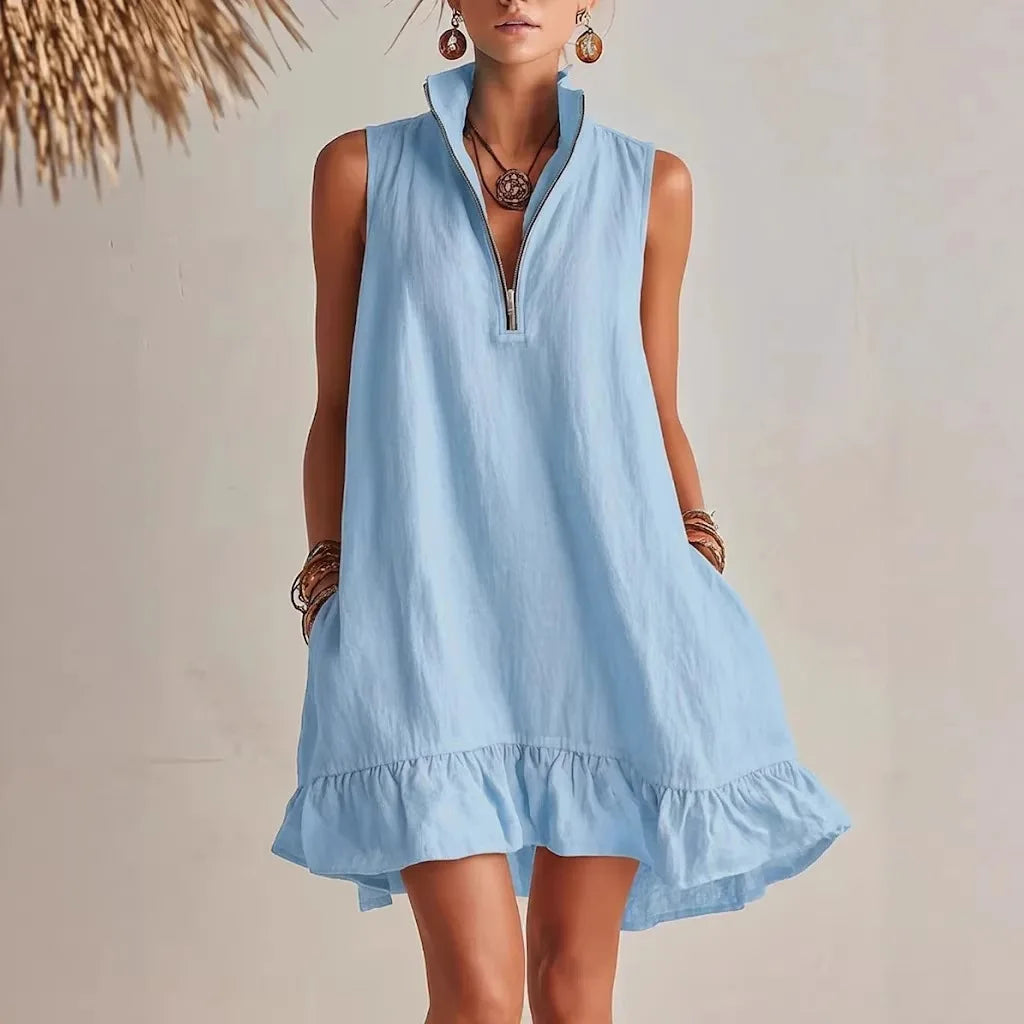 Mila | Linen Zip Neck Sleeveless Ruffle Hem Mini Dress