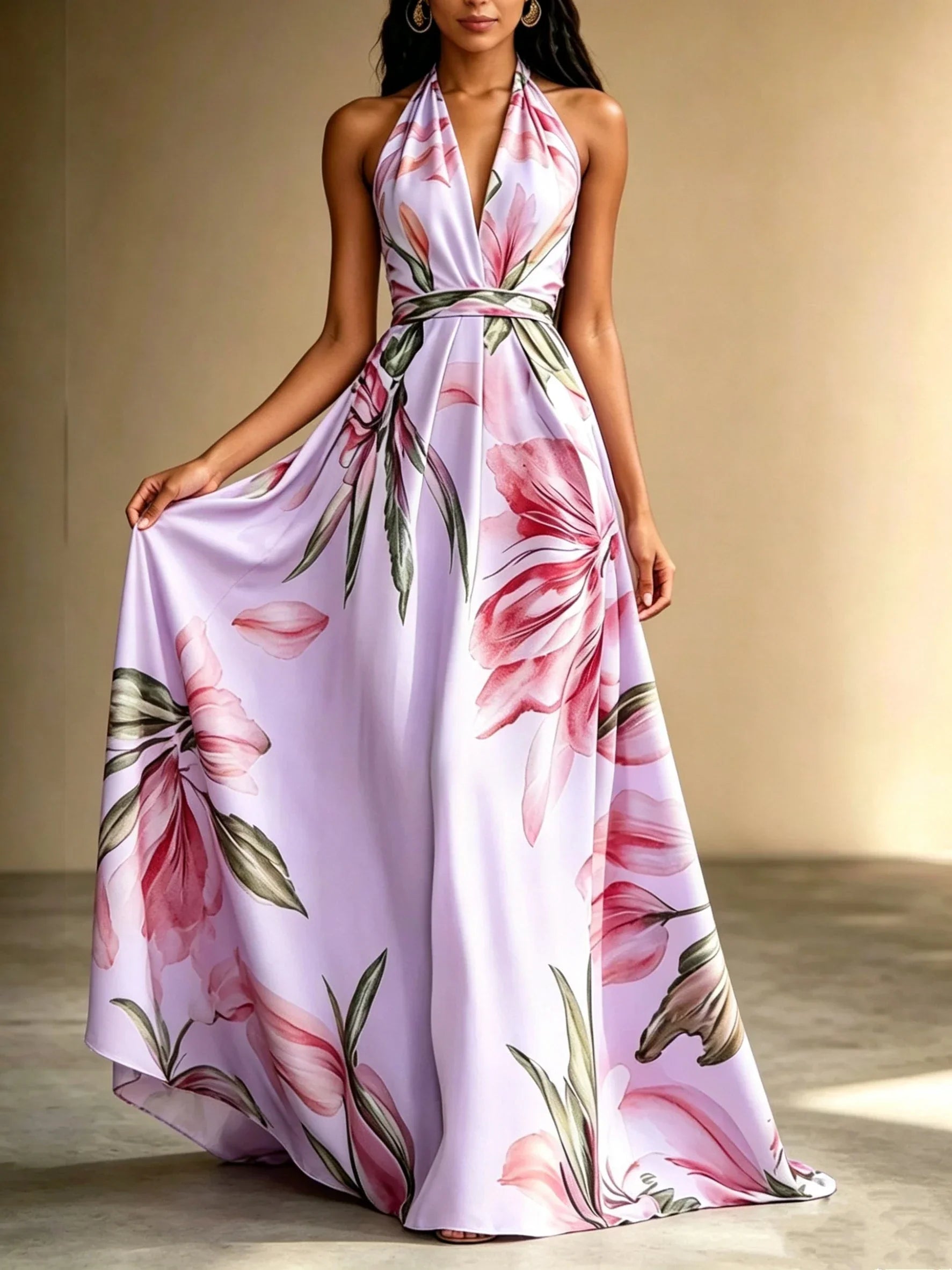 Loraine | Floral Print Deep V Neck Halter Backless Maxi Dress