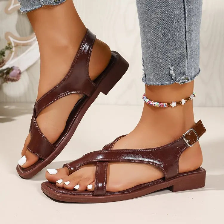 Zelina | Women's Cross Strap Flat Sandals Ankle Buckle