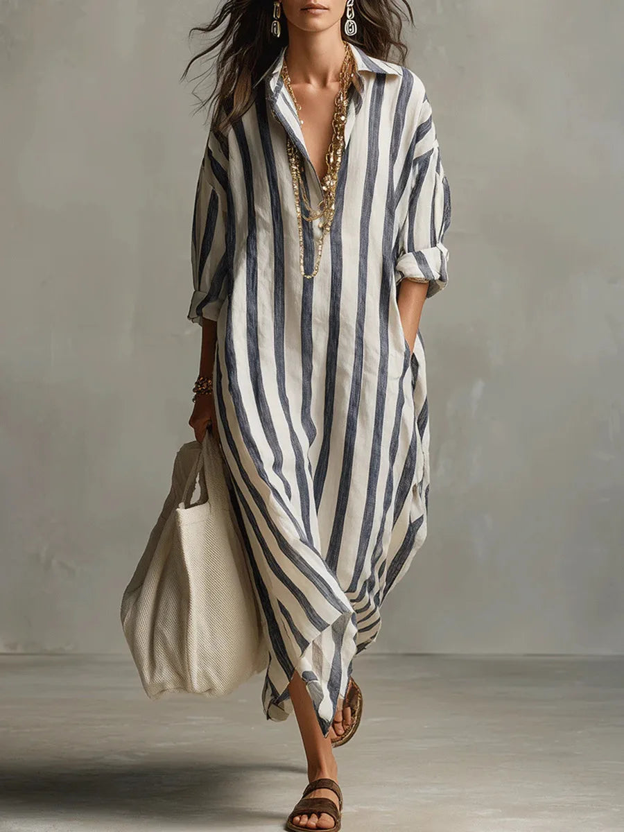 Amaris | Relaxed Striped Linen Long Sleeve Shirt Dress