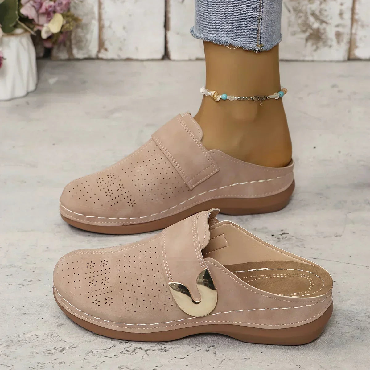 Marcella | Women's Perforated Metal Buckle Flat Slip On Mules