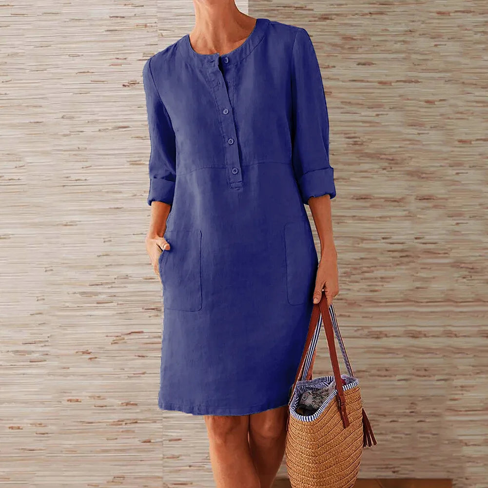 Maelis | Linen Button Front Long Sleeve Pocket Mini Dress