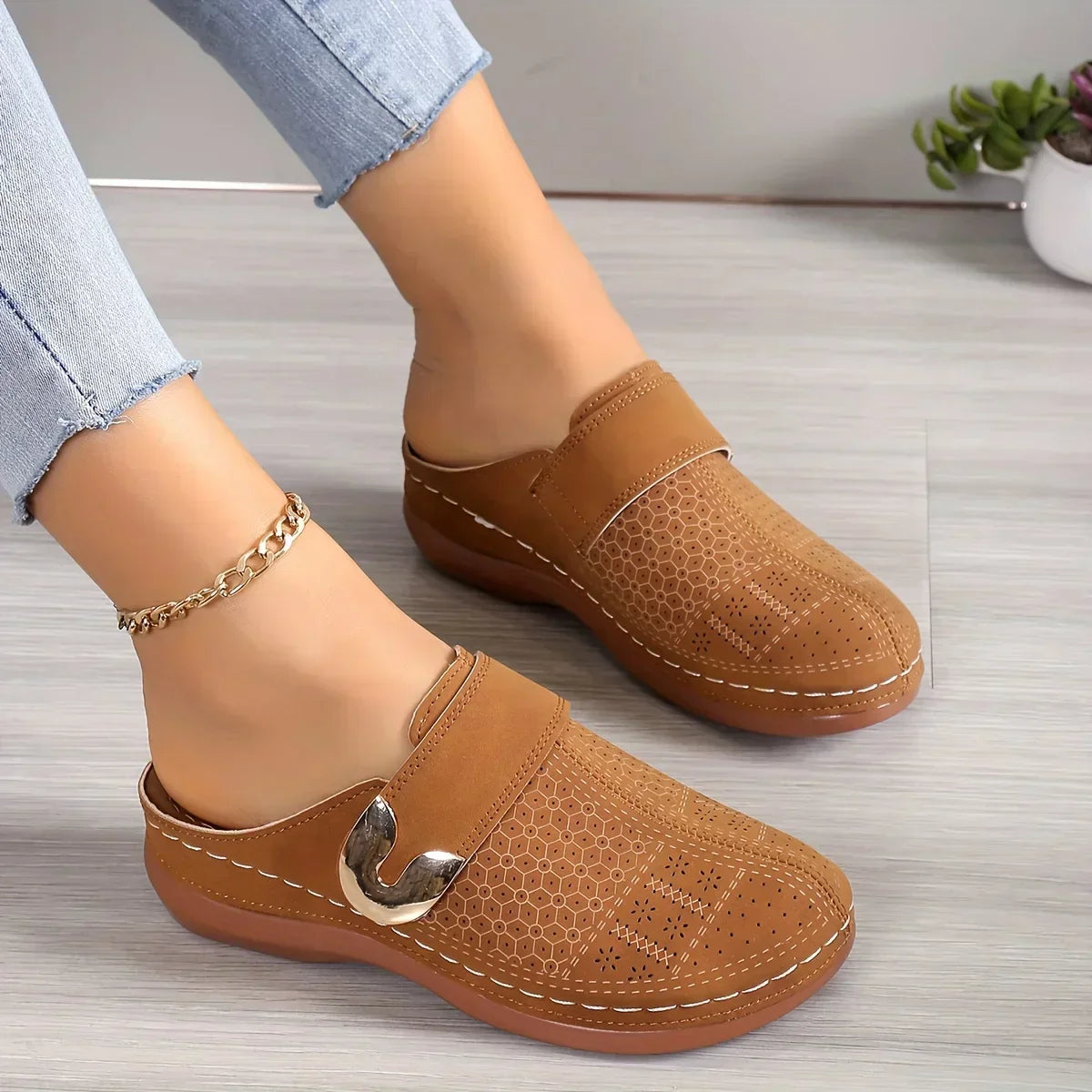Bianca | Women's Perforated Metal Buckle Flat Slip On Mules