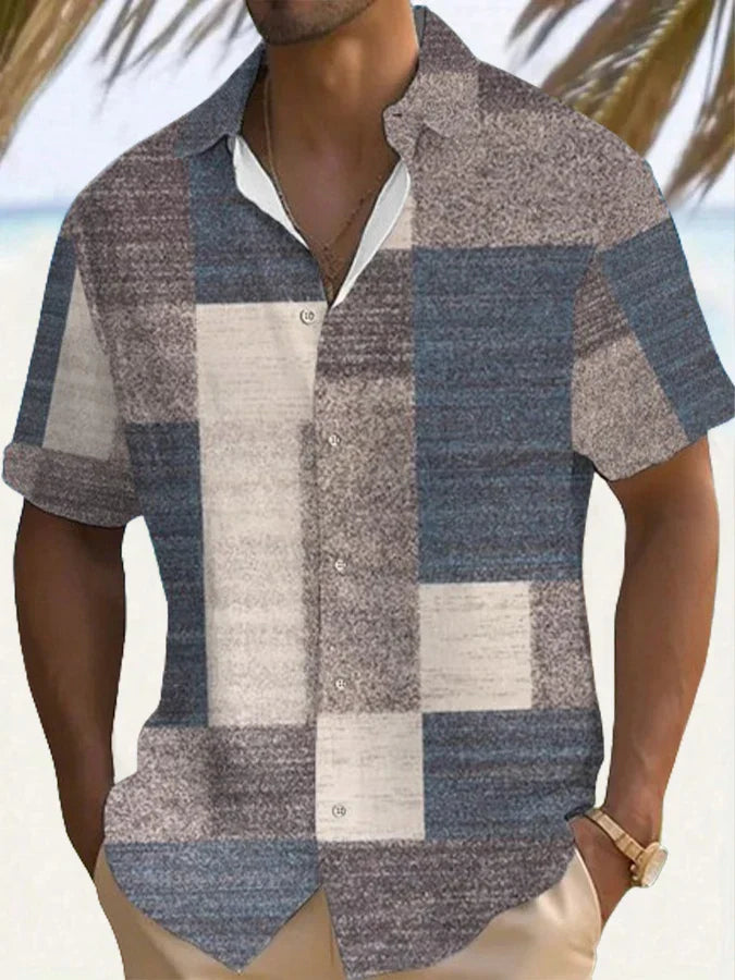 Joshua | Men's Color Block Patchwork Short Sleeve Button Up Shirt