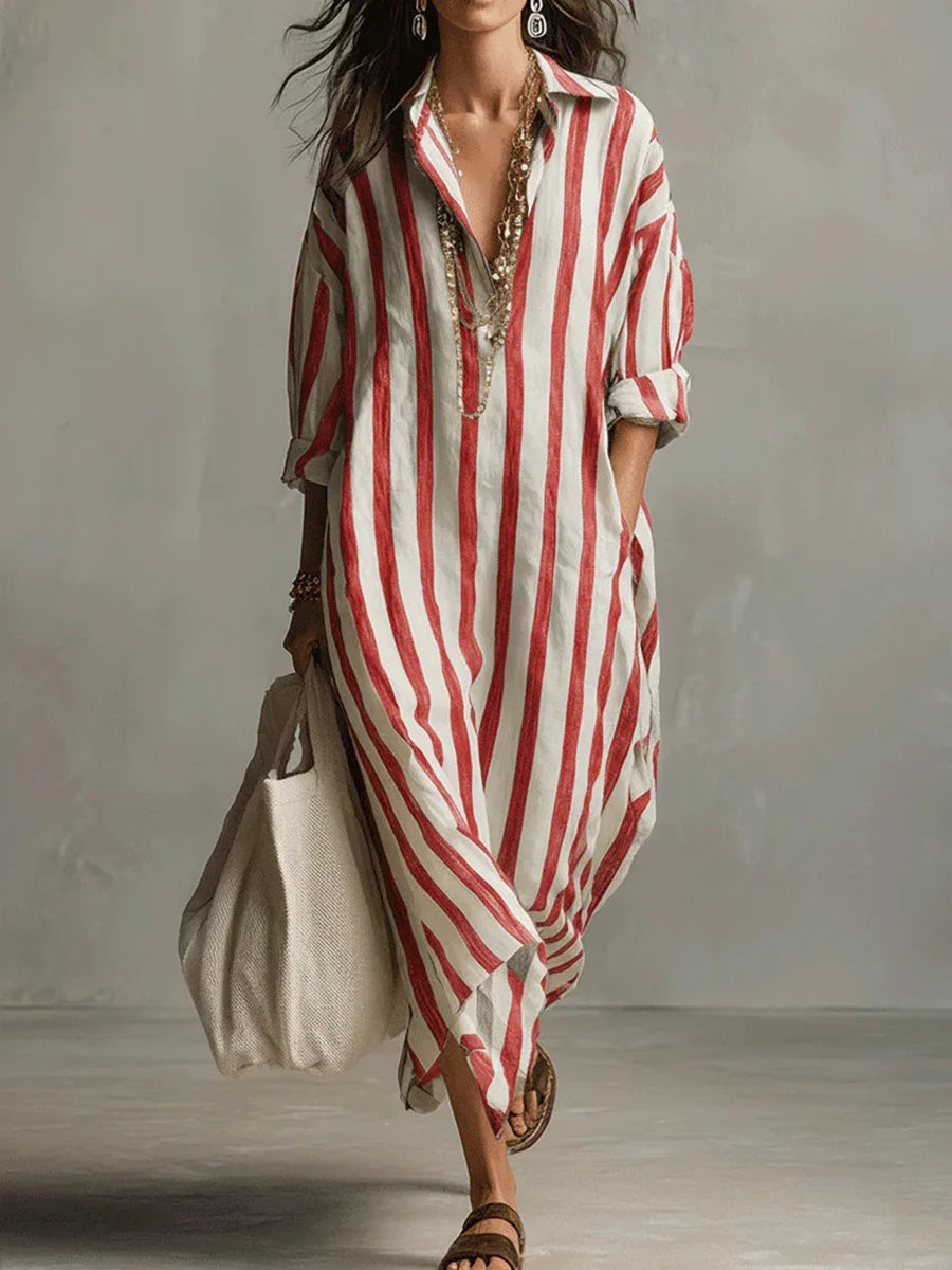 Amaris | Relaxed Striped Linen Long Sleeve Shirt Dress