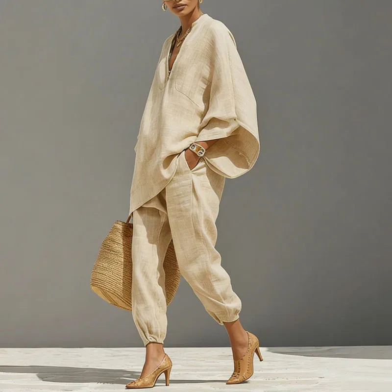 Cordella | Relaxed Linen V Neck Batwing Sleeve Two-Piece Set