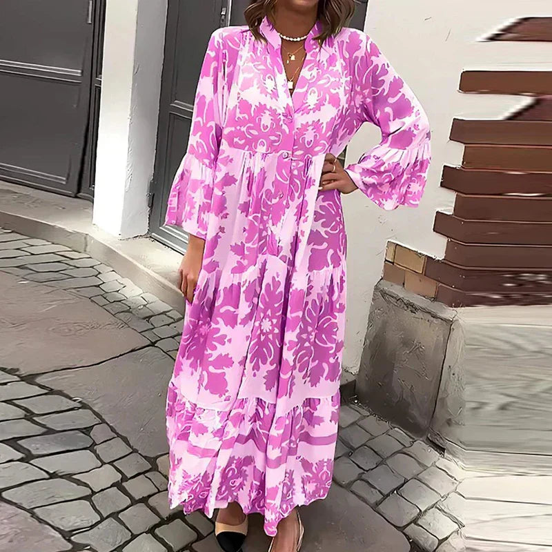 Avira | Boho Floral Print Button-Down Tiered Maxi Dress