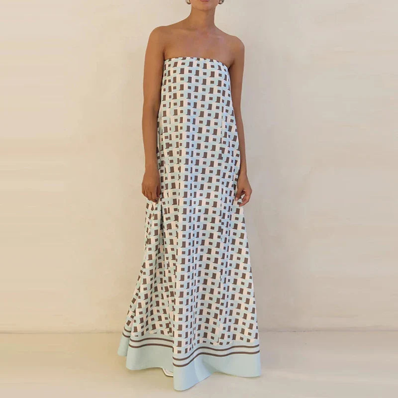 Liorah | Abstract Print Strapless Flowy Maxi Dress