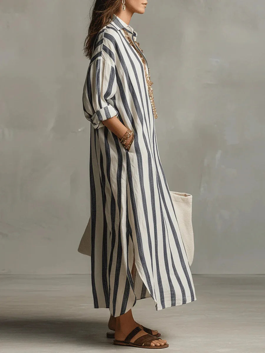 Amaris | Relaxed Striped Linen Long Sleeve Shirt Dress