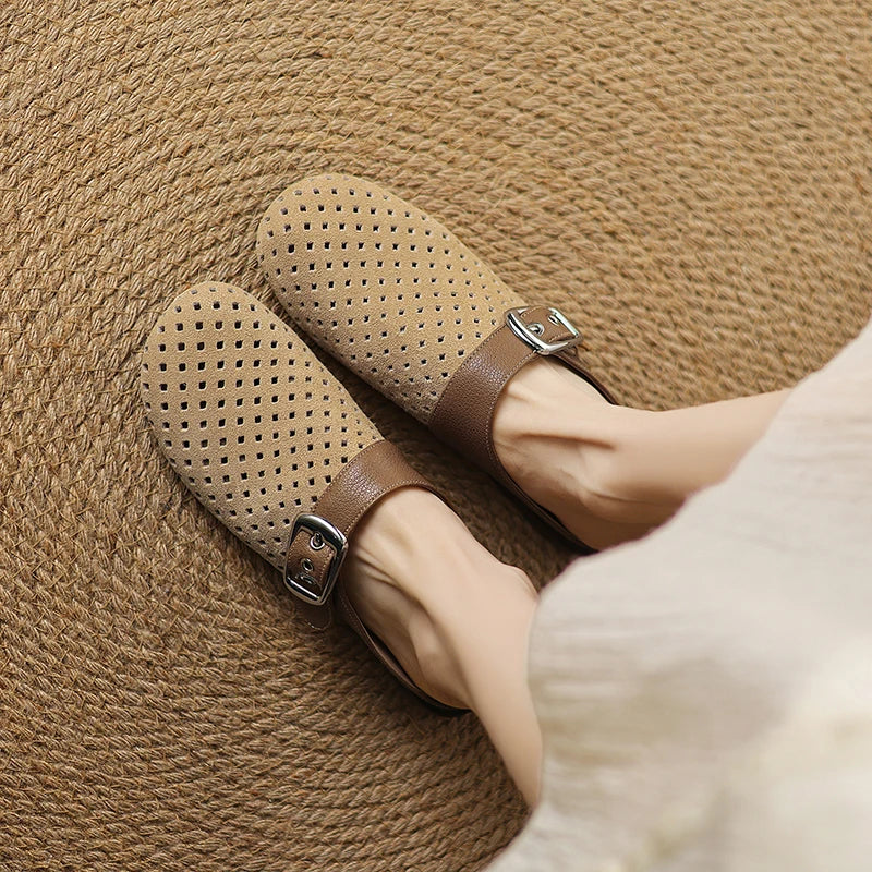 Celine | Women's Perforated Suede Buckle Block Heel Mules