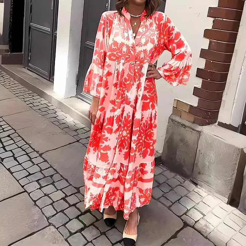 Avira | Boho Floral Print Button-Down Tiered Maxi Dress