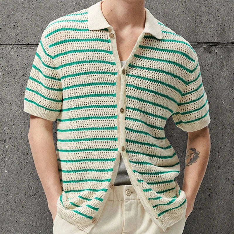 Rafael | Men's Striped Knit Button Up Short Sleeve Polo