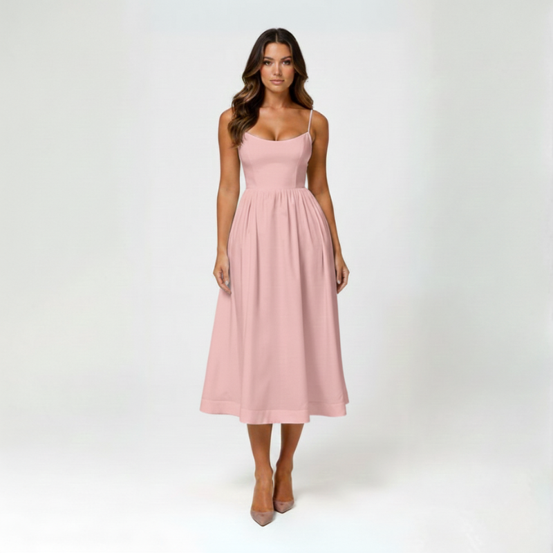 Alina | Cupped Spaghetti Strap Pleated Midi Dress