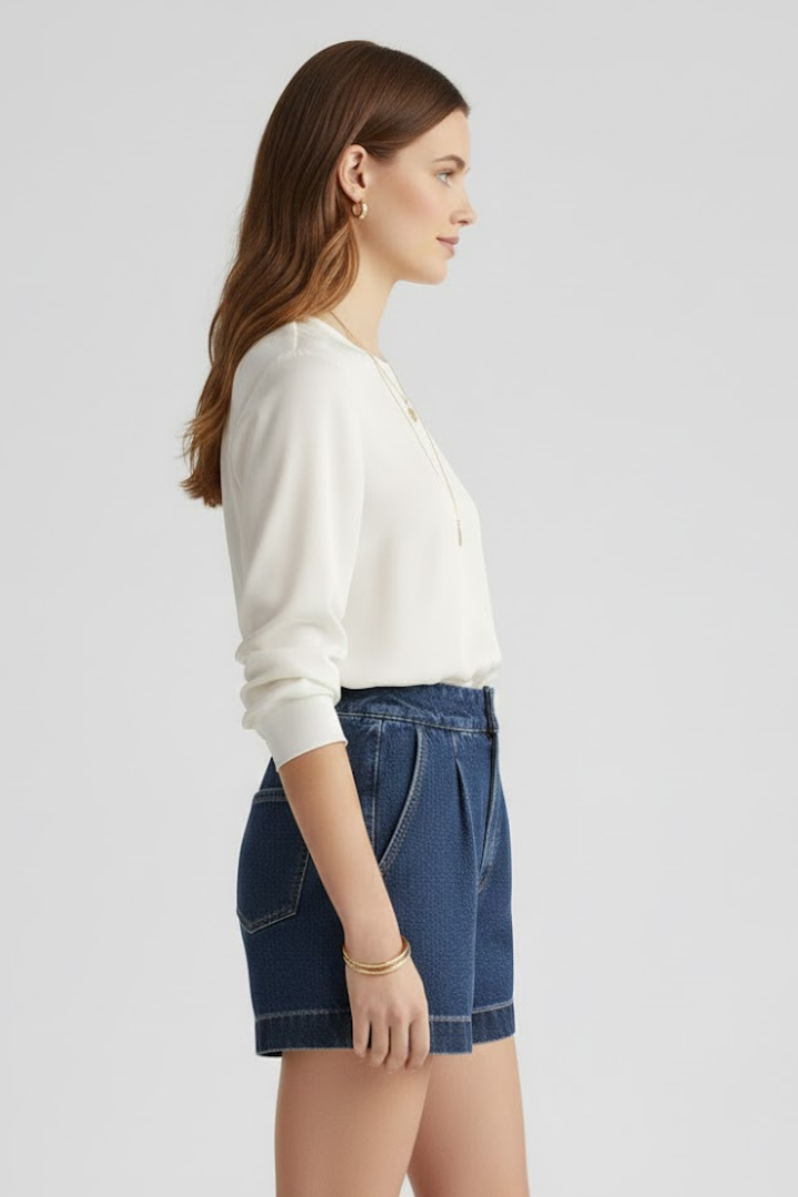 Sophie | Women's High-Waist Pleated Denim Shorts