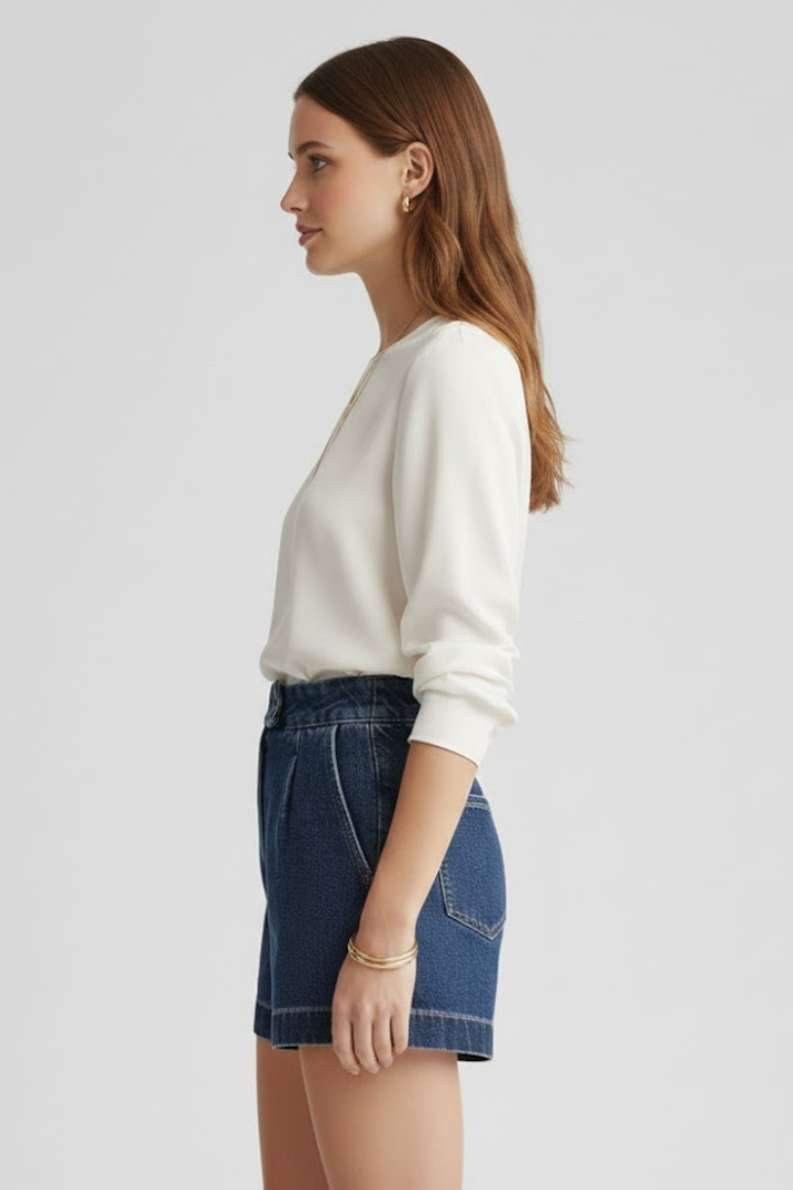 Sophie | Women's High-Waist Pleated Denim Shorts